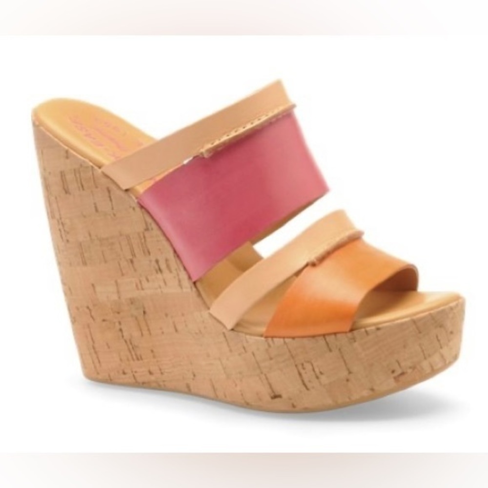 Kork-Ease Women’s Paige Pink and Orange, Wedge Slip On Sandals, Size 6, Leather